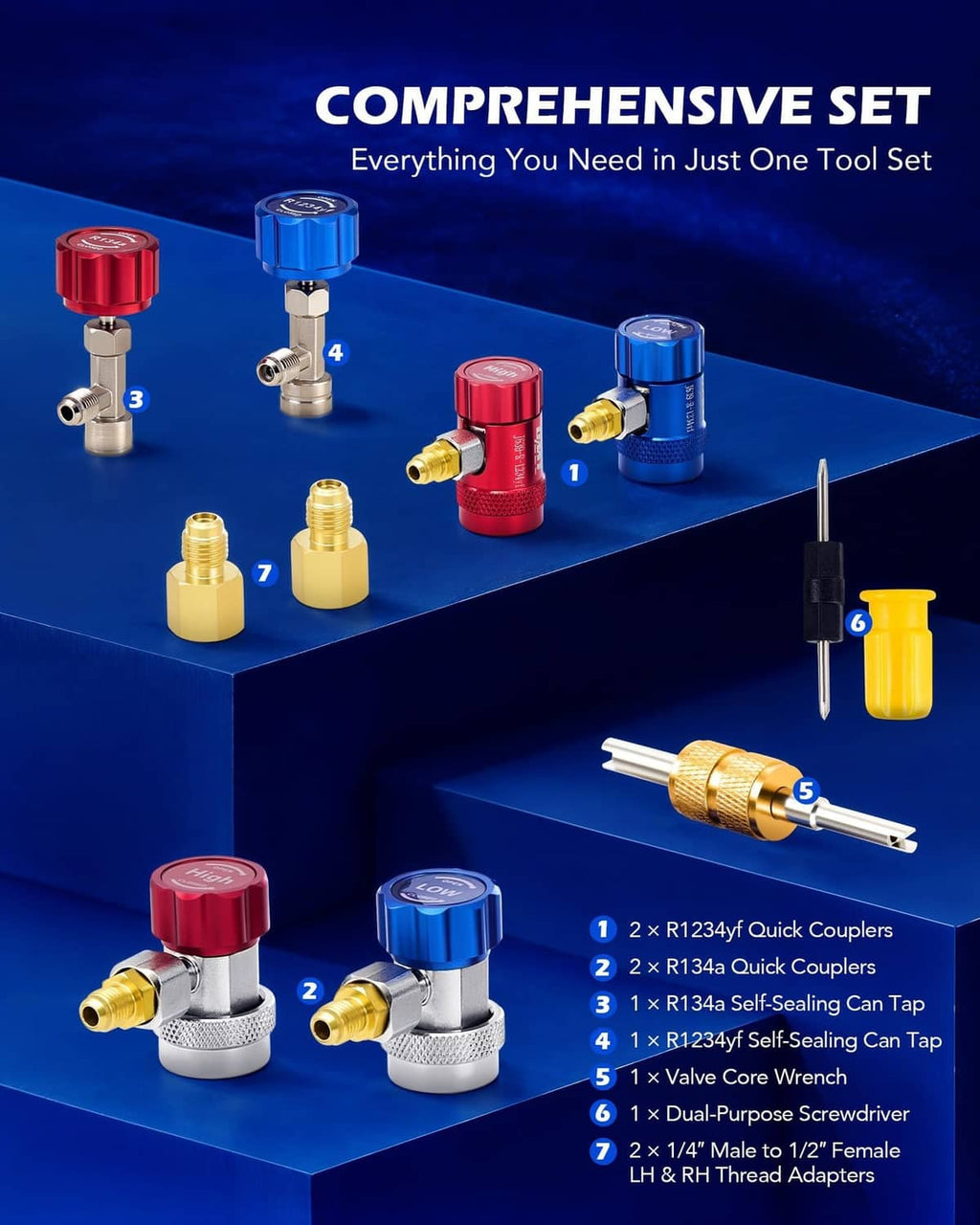 AC manifold gauge kit accessories with red and blue quick-coupler fittings and adapters