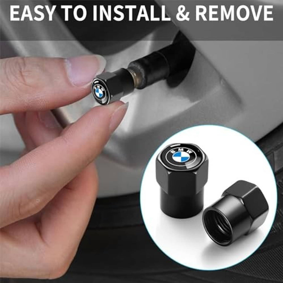 Black BMW logo tire valve stem cap on wheel valve, shown being removed