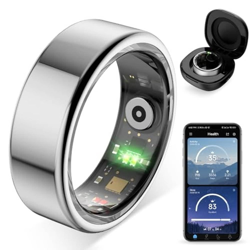 Silver smart ring with open charging case and smartphone showing health stats