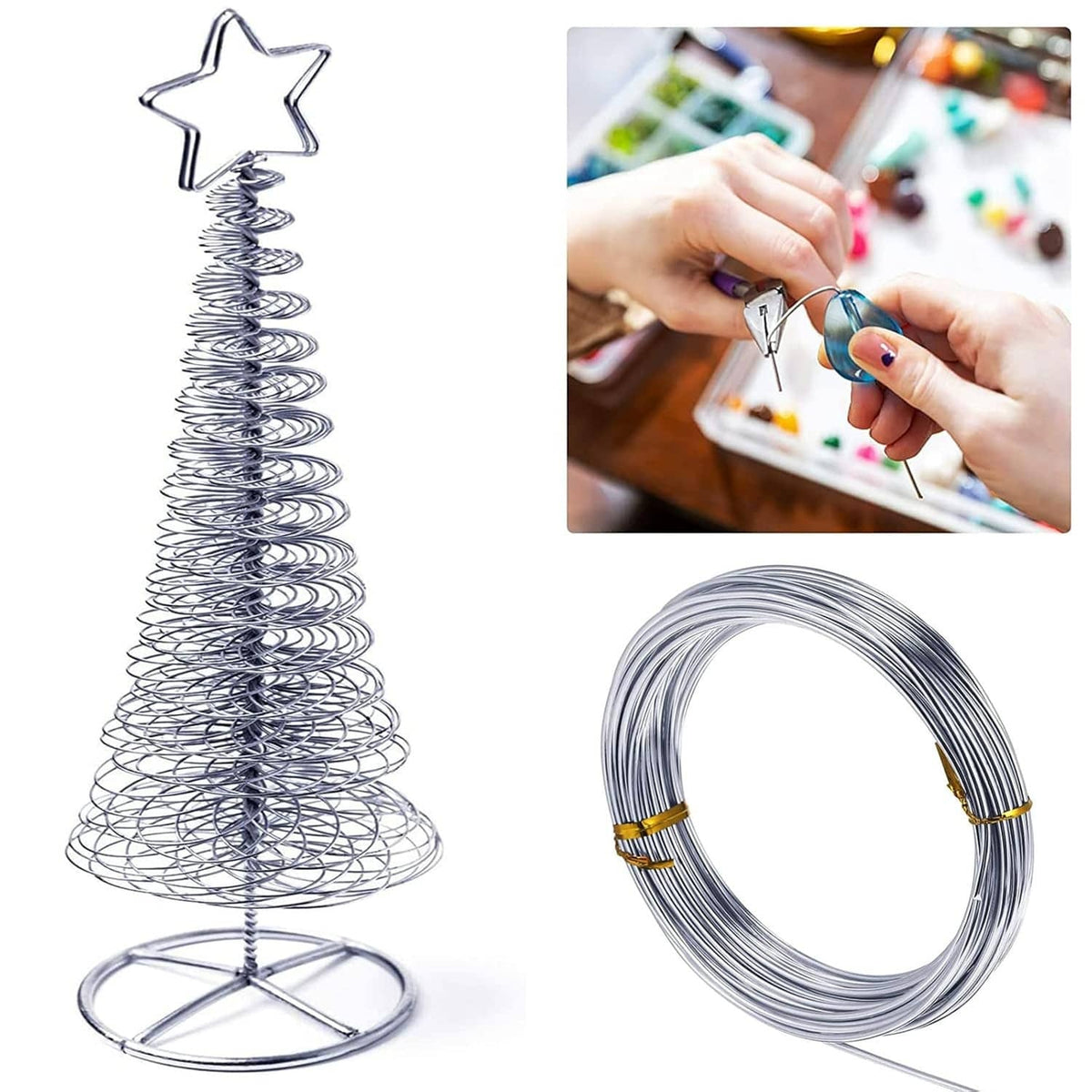 Silver 304 stainless steel wire coil with star wire sculpture and hands crafting