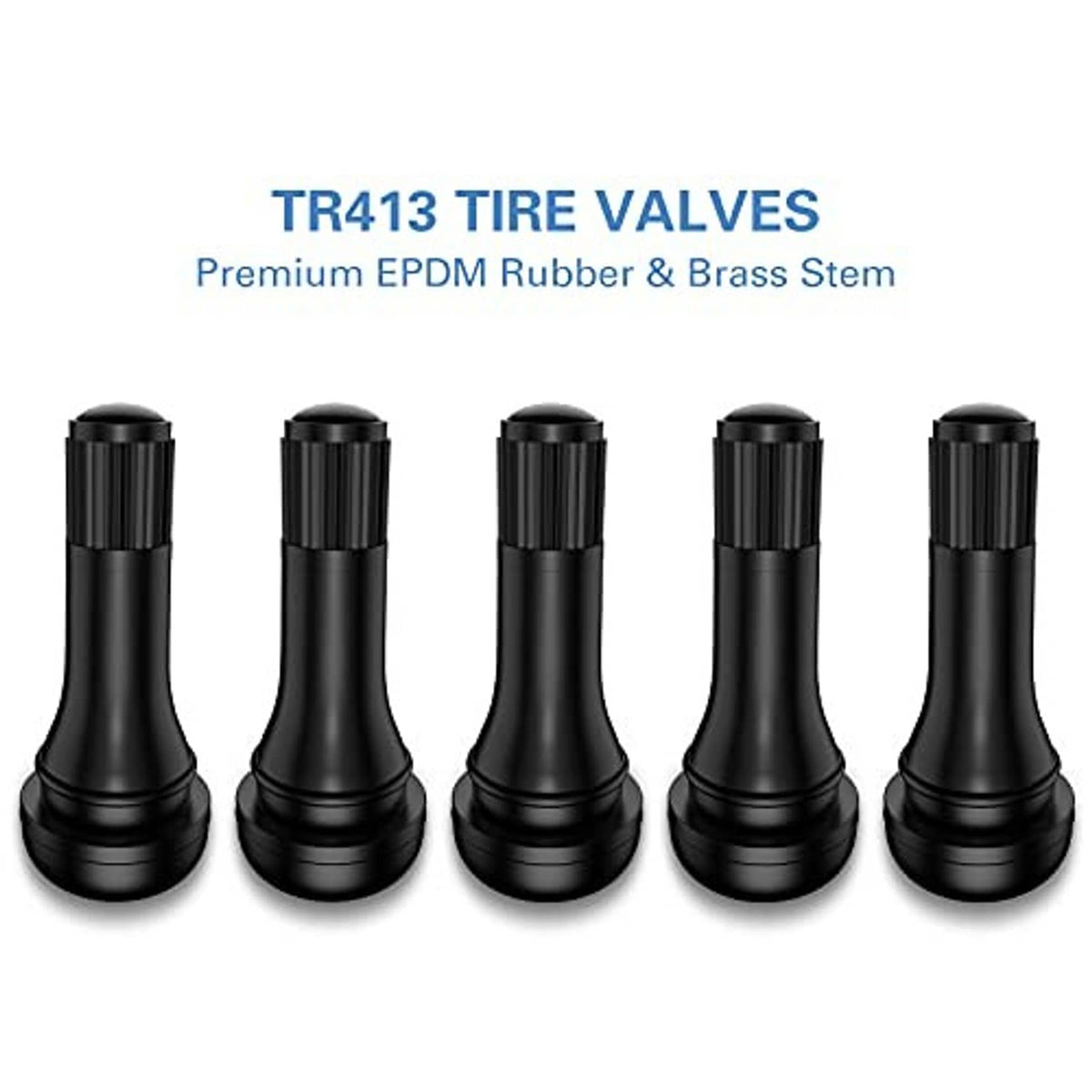 Black premium rubber tire valve stems with ribbed caps, five-pack