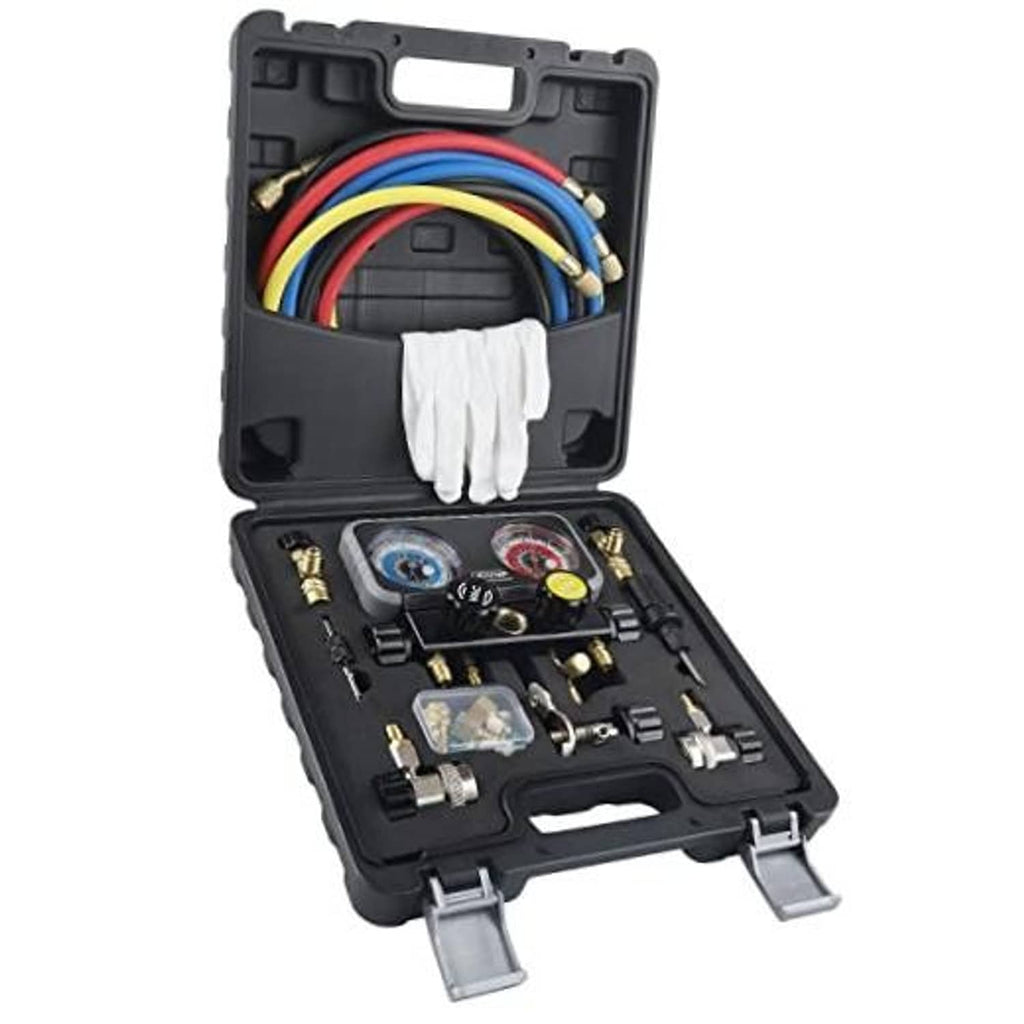 HVAC manifold gauge set in hard case with dual gauges, color hoses, and brass fittings