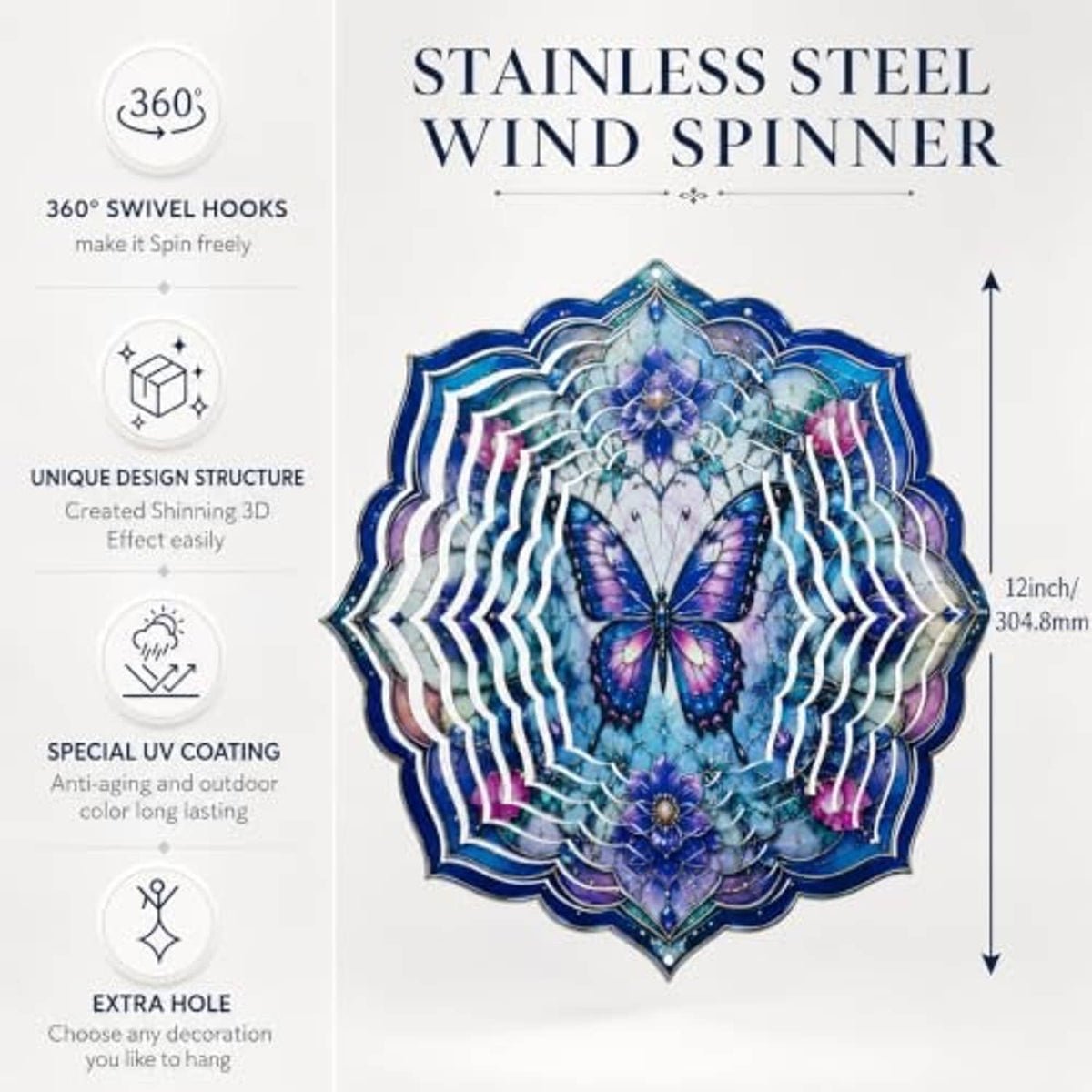 Stainless steel wind spinner with blue-purple butterfly mandala design, 12 inch
