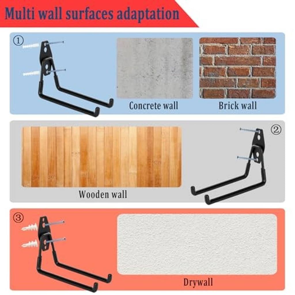 Black steel wall hook designed for concrete, brick, wood, and drywall mounting