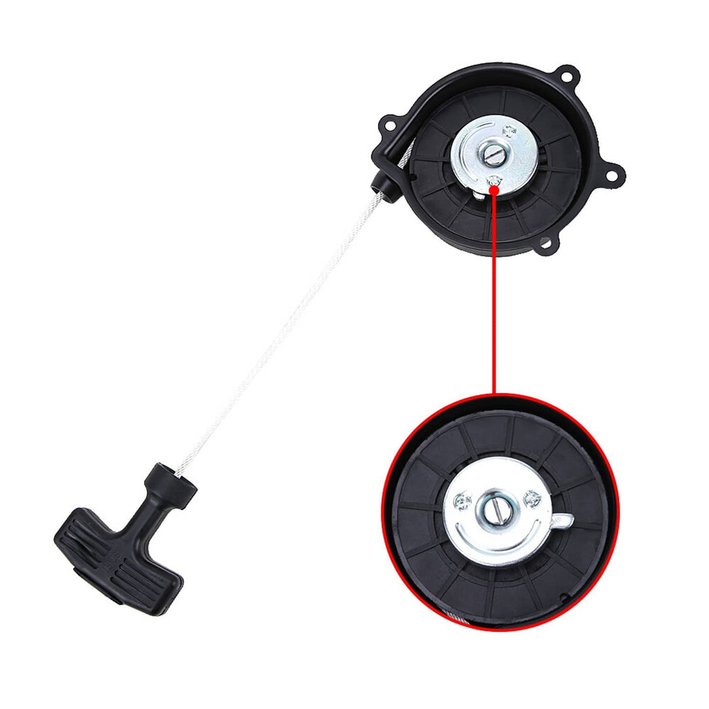 Black recoil starter with pull rope showing dual pull discs and red-highlighted ring