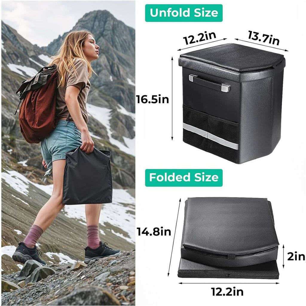 Portable camping toilet with lid shown with unfolded and folded size dimensions