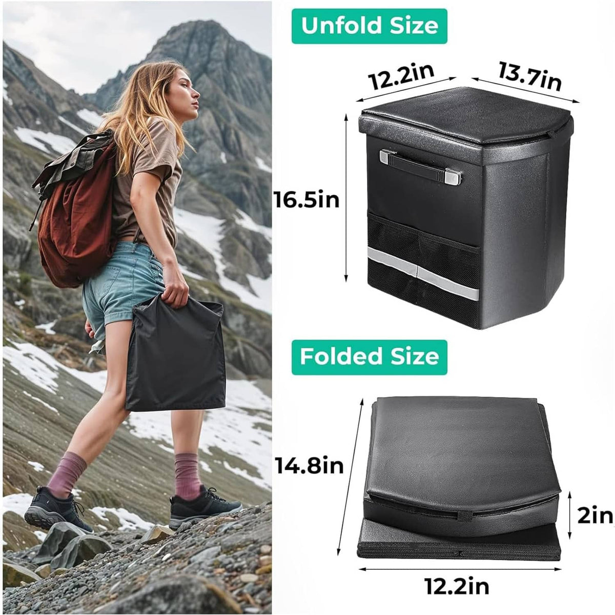 Portable camping toilet with lid shown with unfolded and folded size dimensions