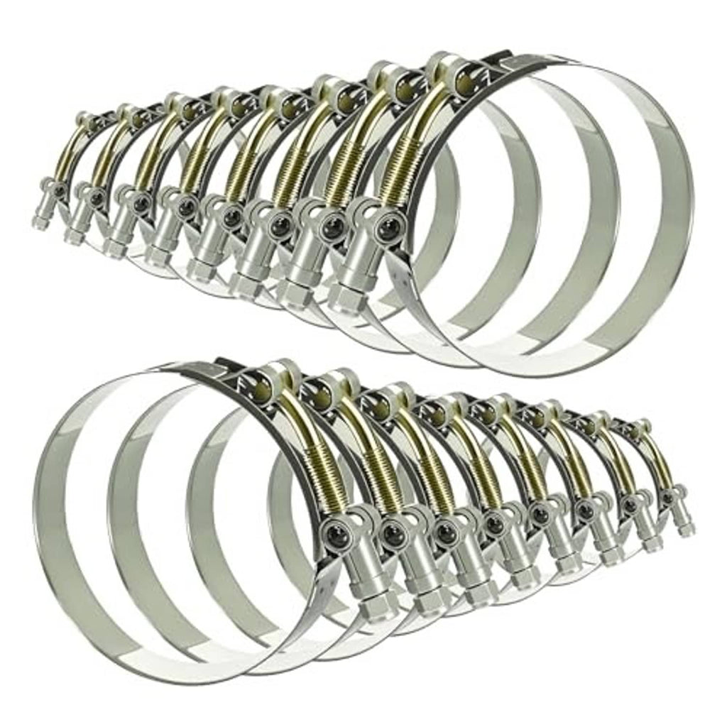 Stainless steel T-bolt hose clamps set, multiple curved metal band clamps with bolts