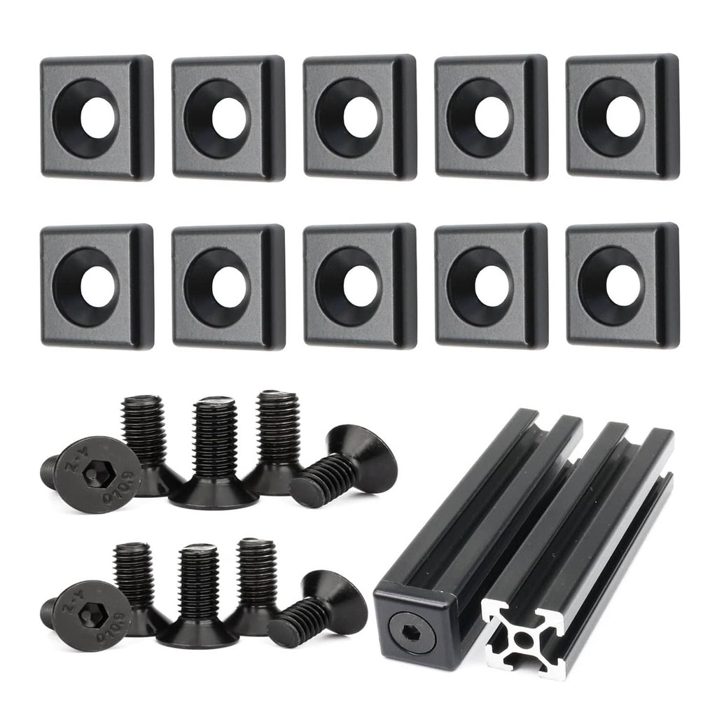 Black aluminum T-slot end cap brackets with mounting screws, 10-pack set