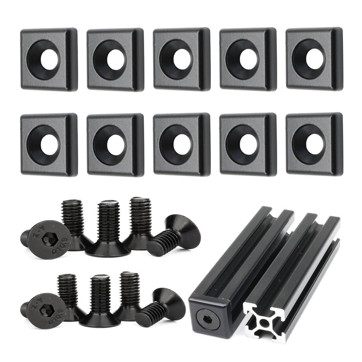 Black aluminum T-slot end cap brackets with mounting screws, 10-pack set