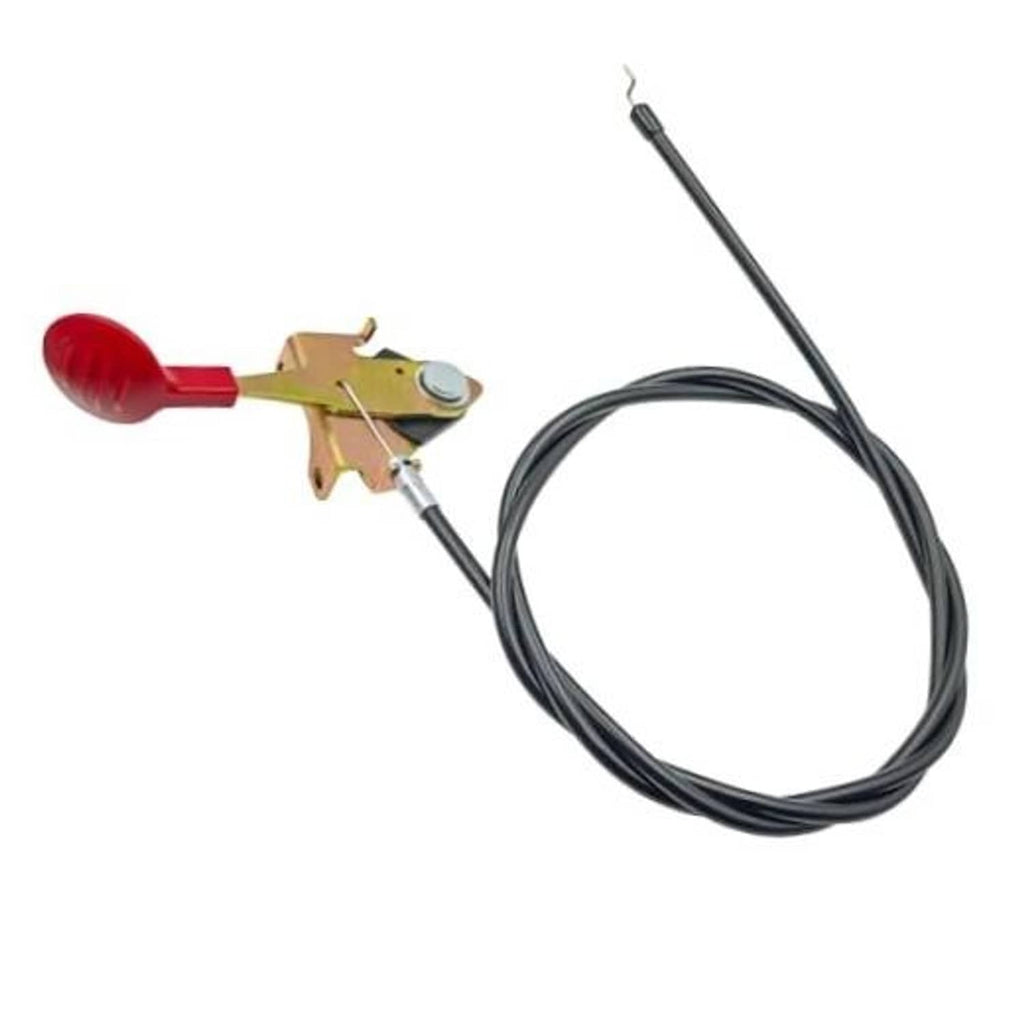 Throttle control cable with black wire, red knob, and gold mounting bracket