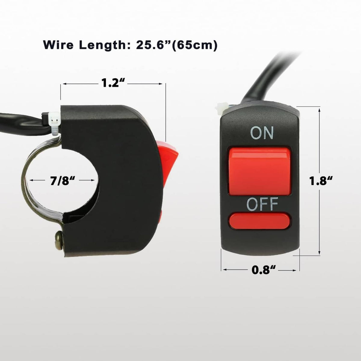 Motorcycle handlebar switch with red ON/OFF buttons and black wire pigtail