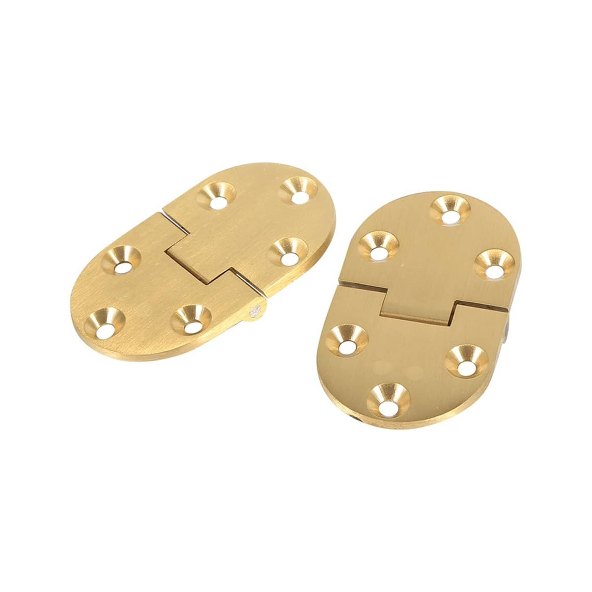 Pair of gold brass round hinges for trays, open hinge leaves with screw holes