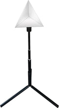 Radar corner reflector target with black tripod stand and silver triangular reflector