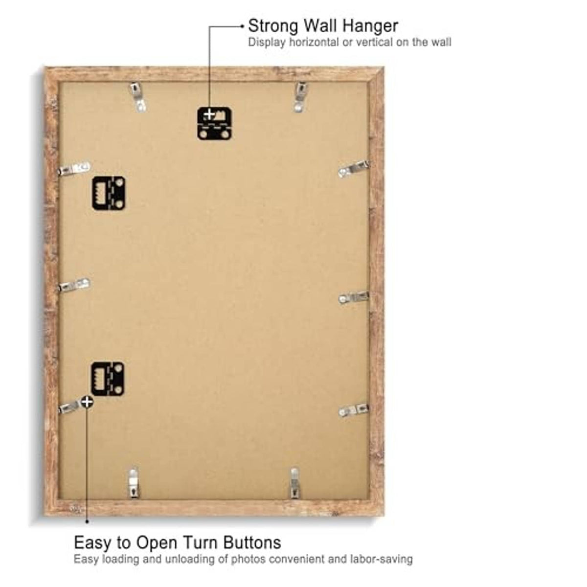 Rustic brown back of picture frame with easy open turn buttons and wall hangers