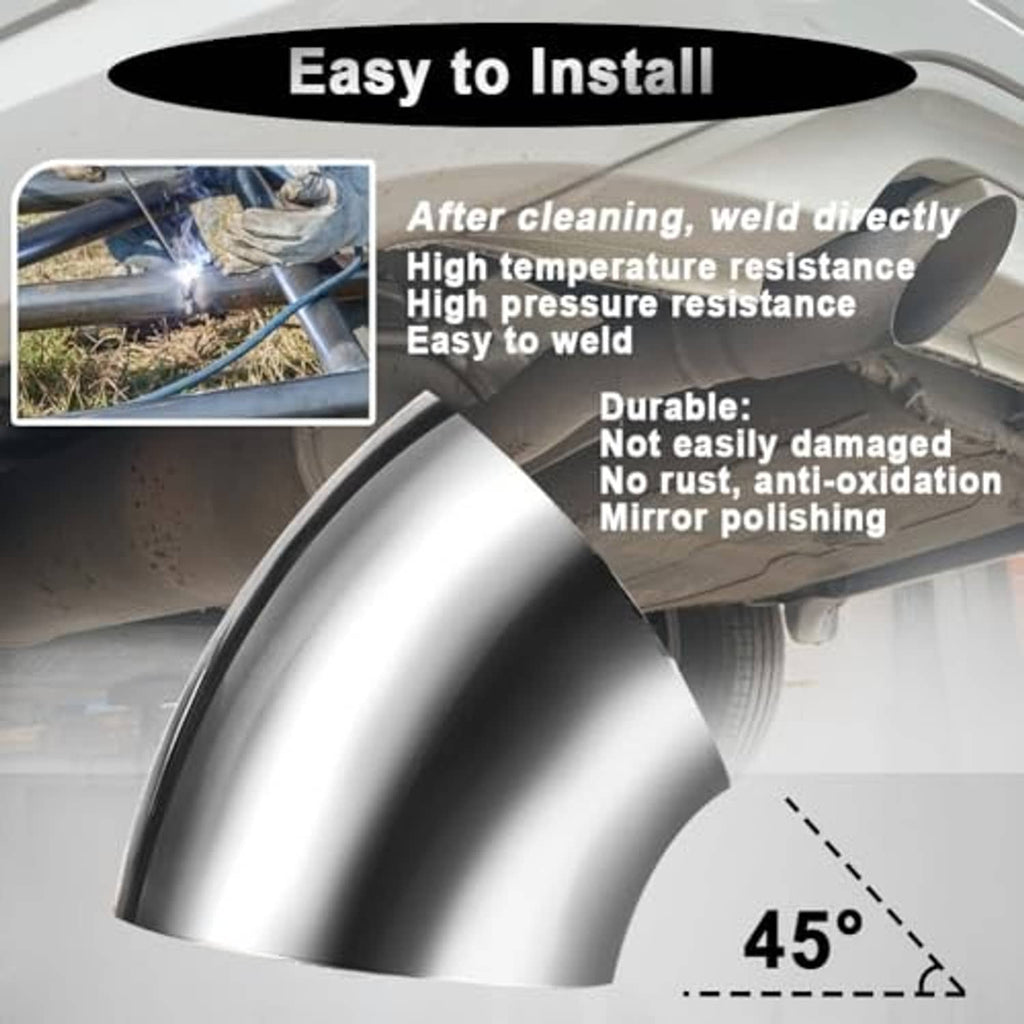 45-degree stainless steel exhaust elbow pipe fitting, brushed silver curve