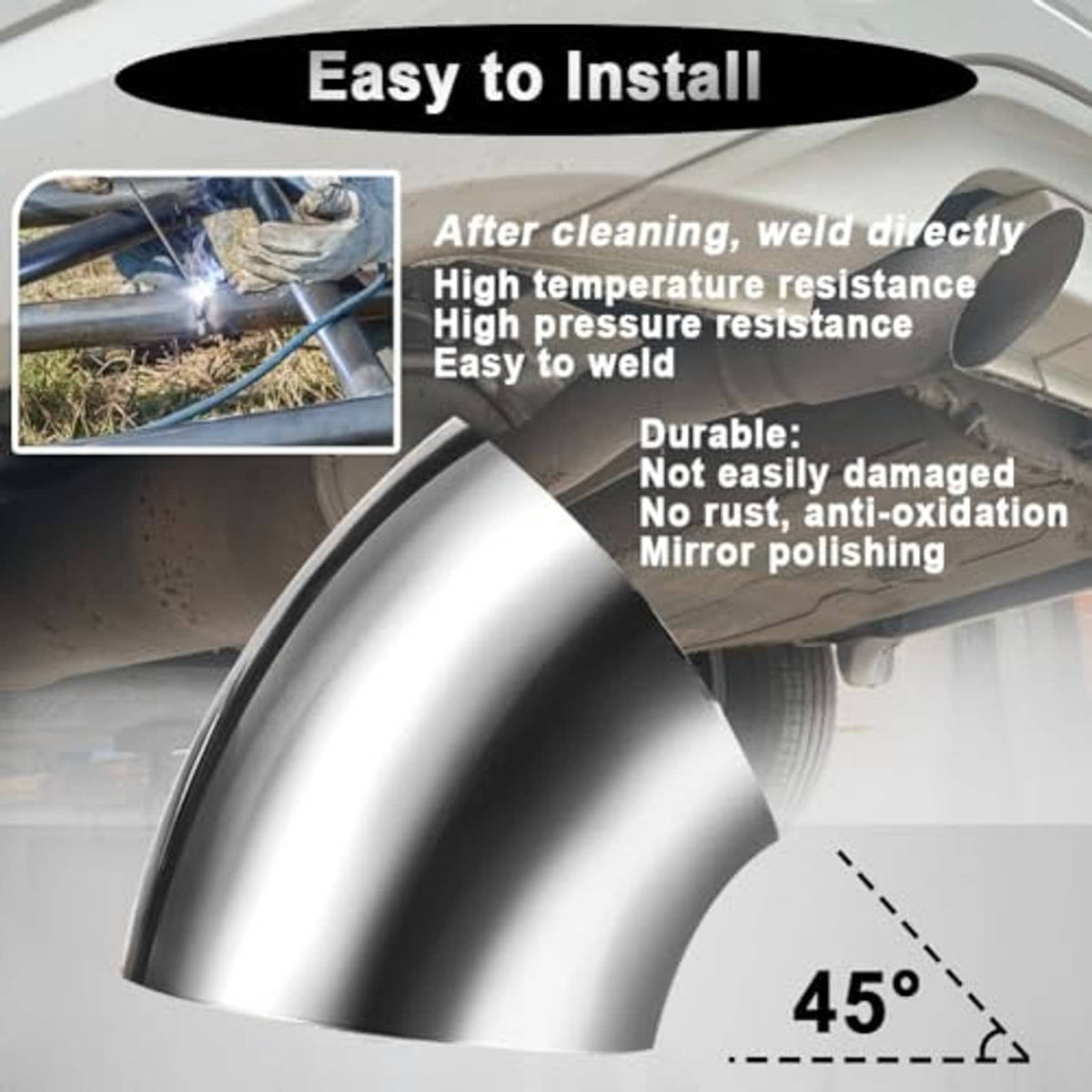 45-degree stainless steel exhaust elbow pipe fitting, brushed silver curve