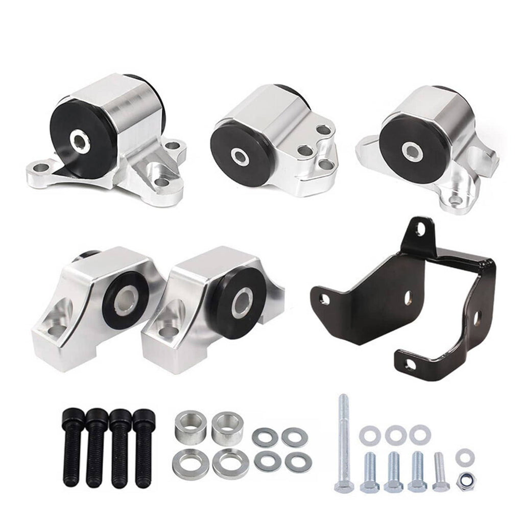 Engine motor mount and torque mount kit with black bushings, brackets, and bolts