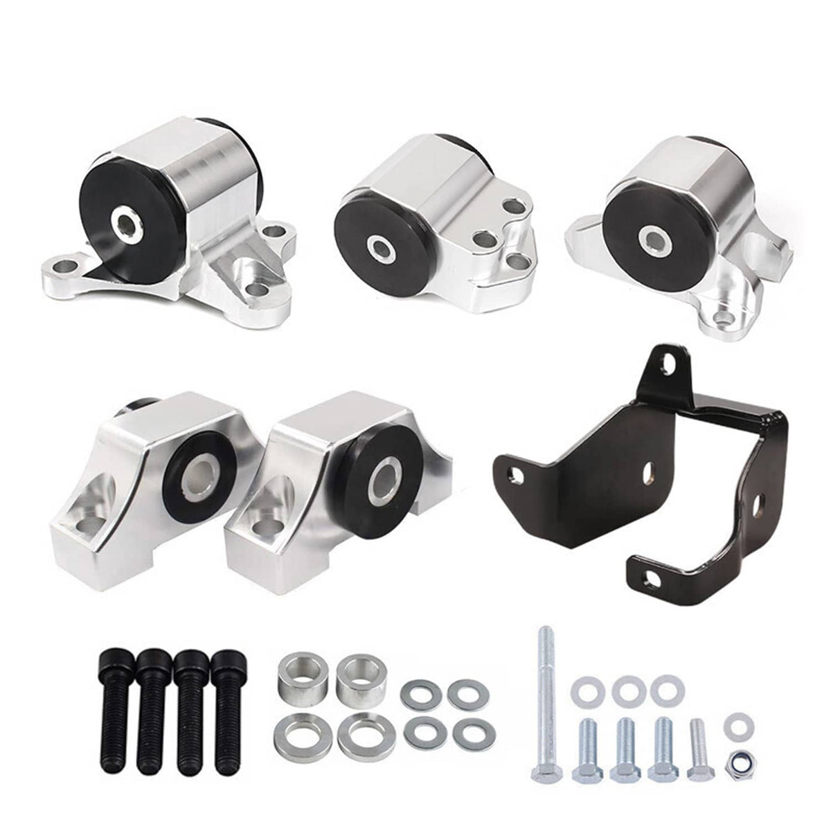 Engine motor mount and torque mount kit with black bushings, brackets, and bolts