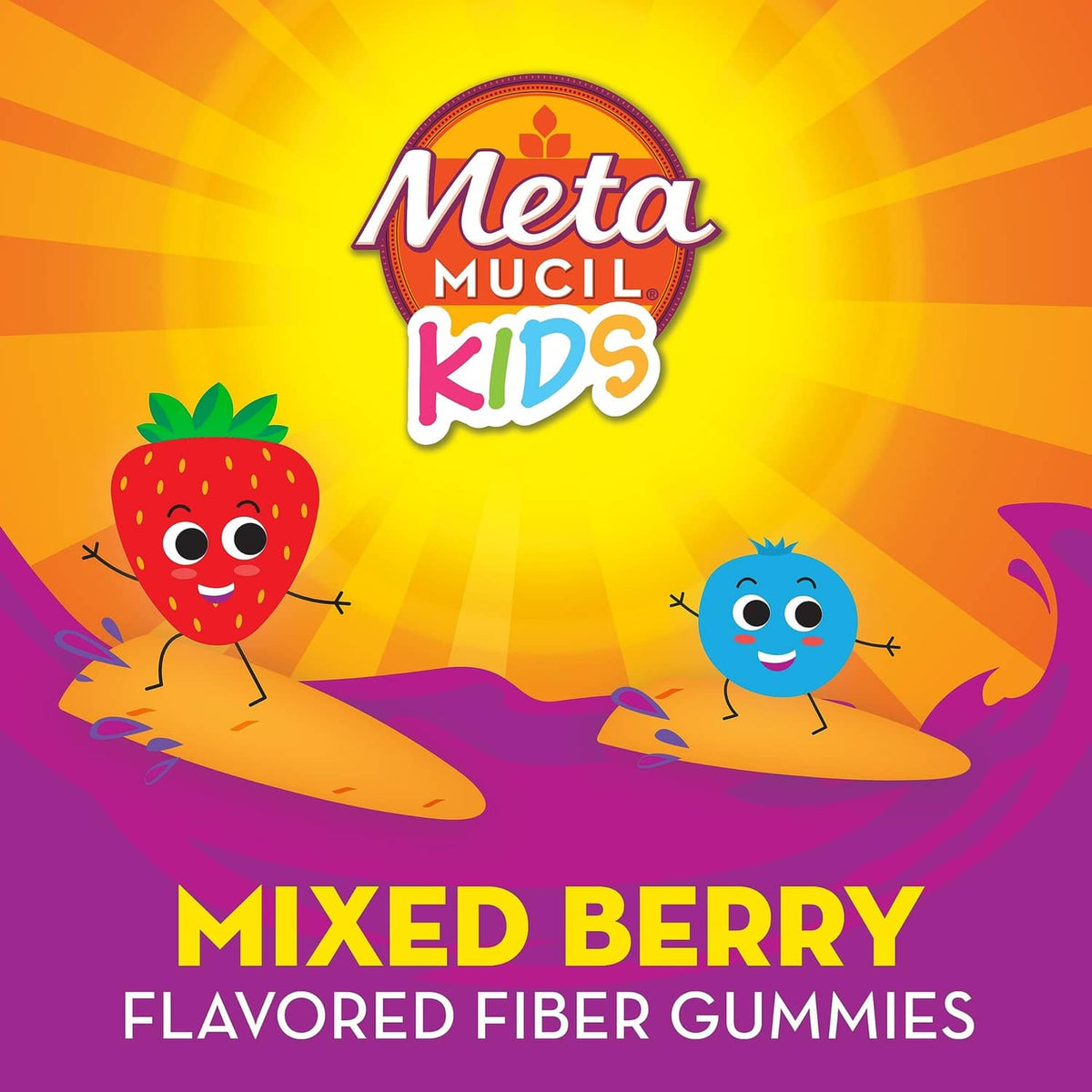 Metamucil Kids mixed berry flavored fiber gummies package front graphic.