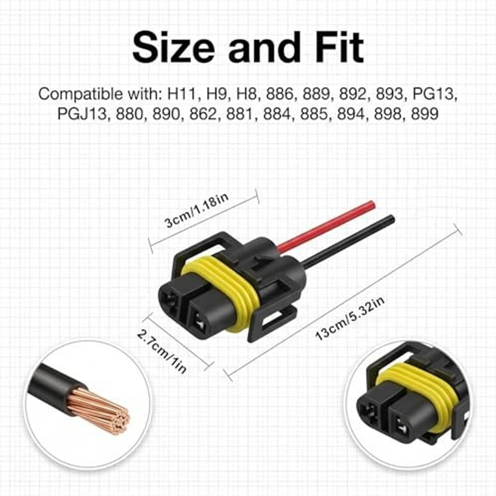 H11 socket wiring harness pigtail with black connector and yellow clip, red/black wires