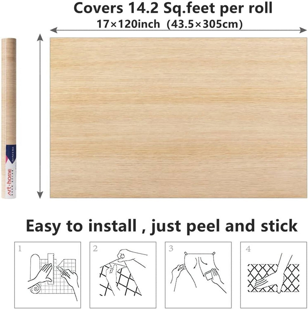 Light oak woodgrain contact paper sheet with peel-and-stick installation diagrams
