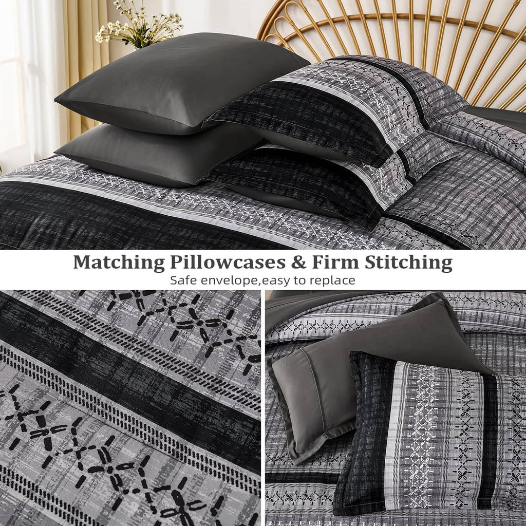 Black and gray comforter with stitched envelope pillowcases and geometric decorative bands
