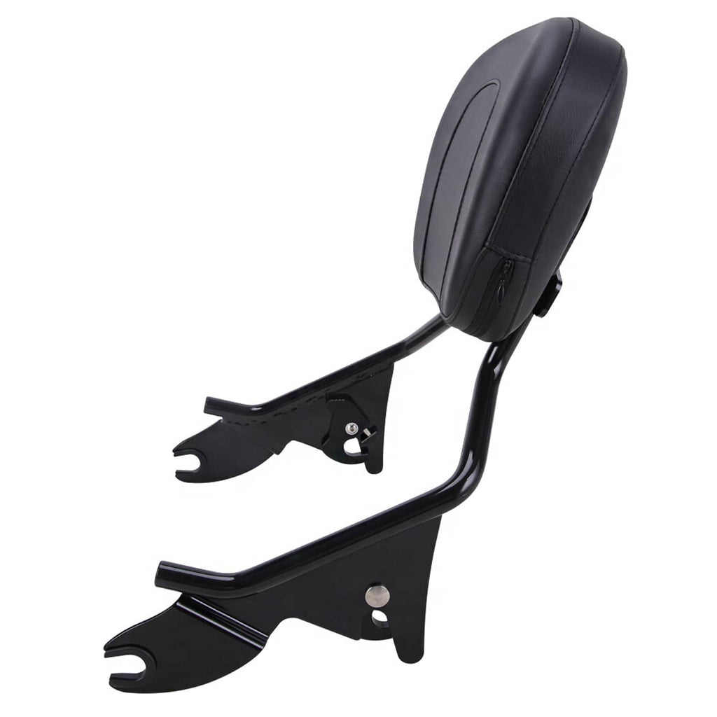 Black padded sissy bar backrest with curved frame and side mounting forks