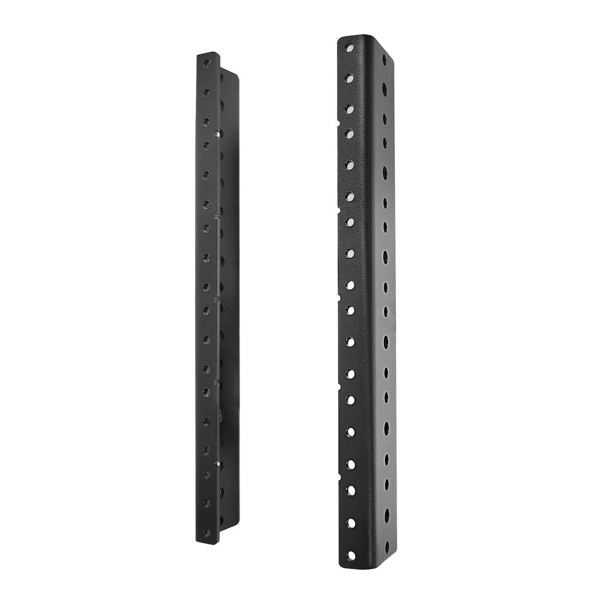 Black 6U rack rail set with tapered mounting holes, two long rails shown side by side