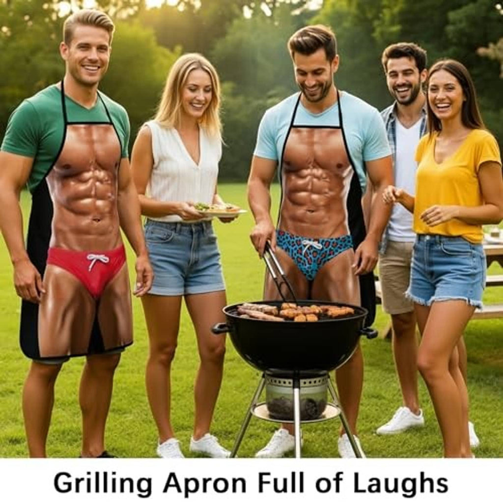 Grilling apron worn by man: black with printed muscular torso and blue leopard thong