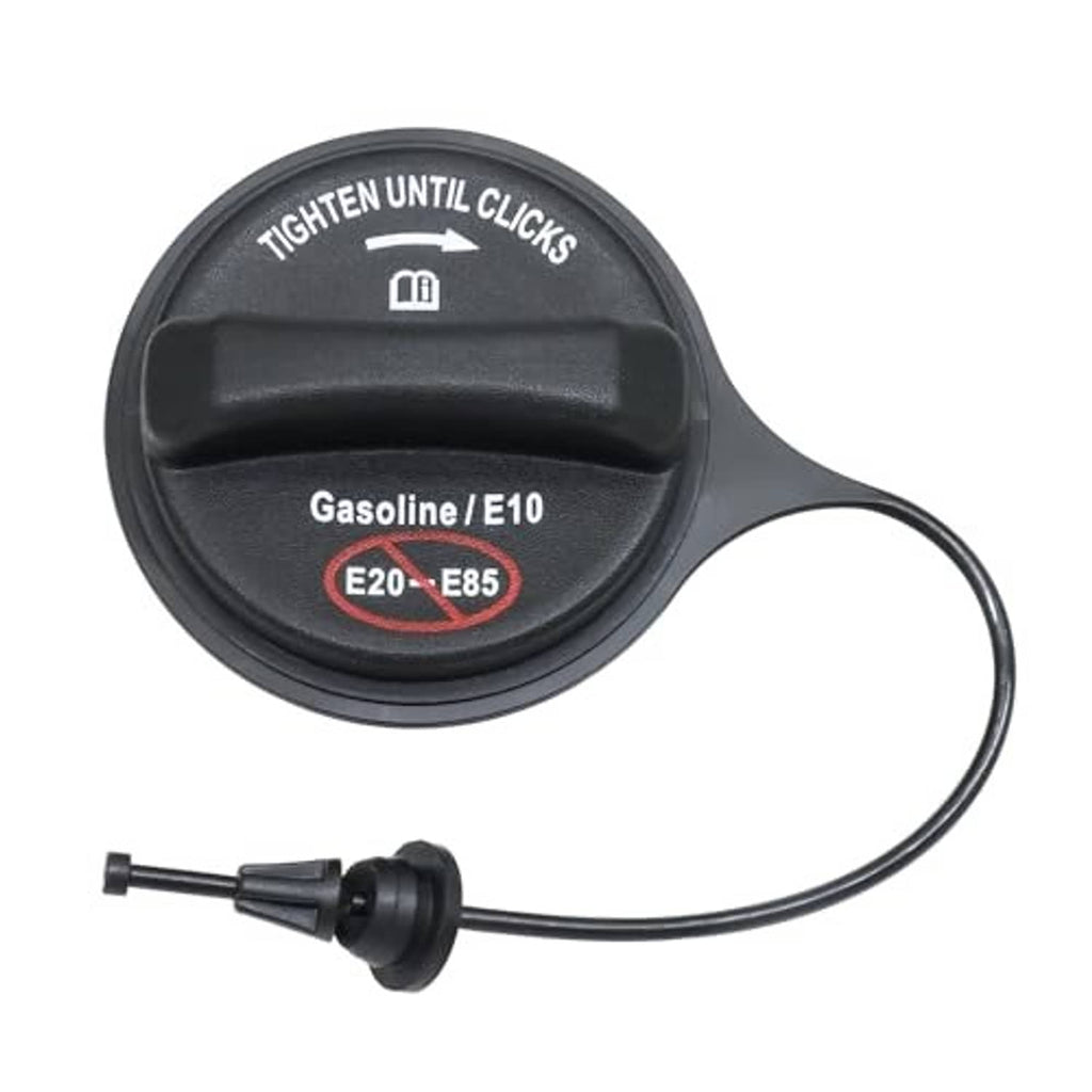 Black fuel tank gas cap with tether, gasoline/E10 and E20–E85 markings