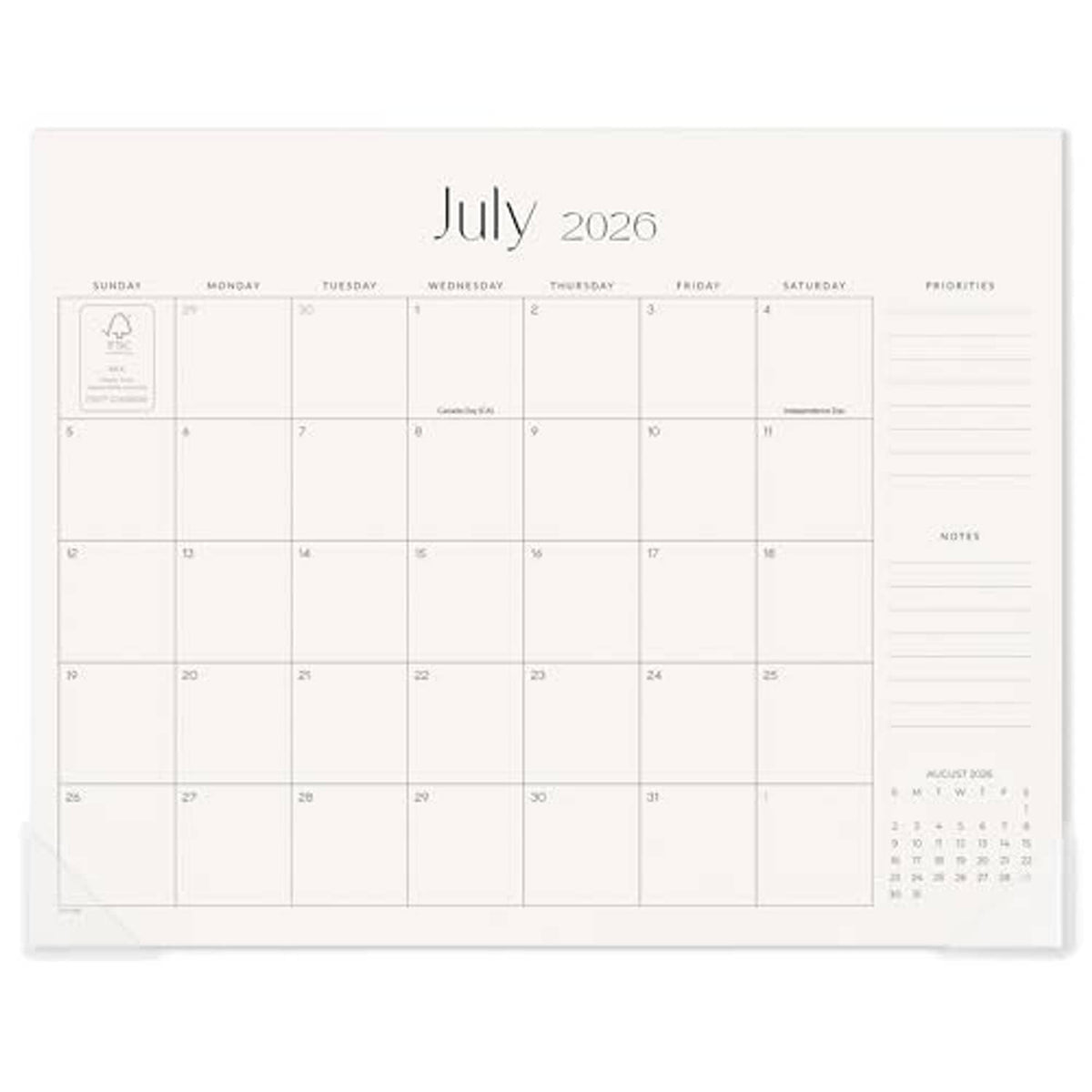 Refrigerator magnetic calendar sheet for July 2026 with weekday headers and priority lines