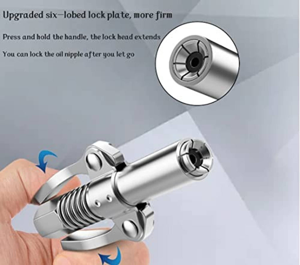 Grease gun coupler with locking lever and spring collar, held by hand