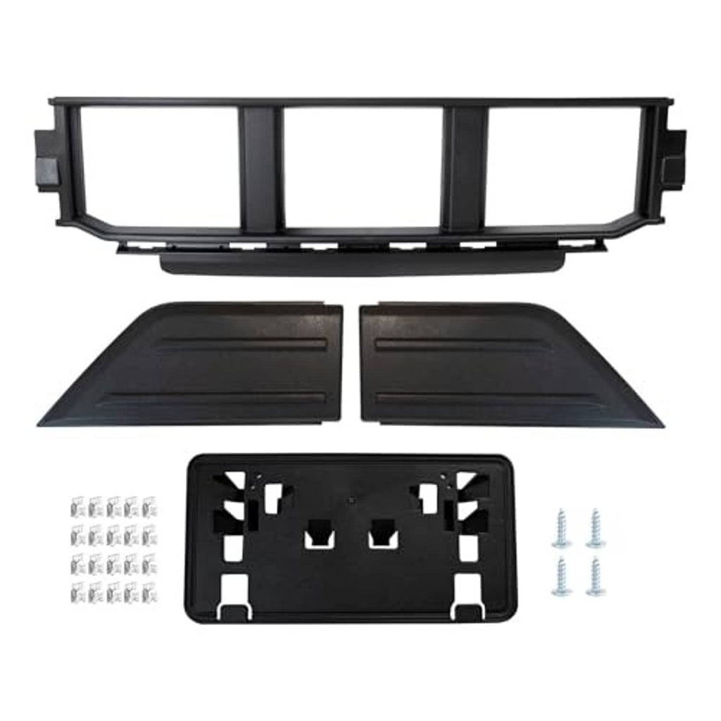 Front bumper grille kit: black grille frame, two guard pads, license plate bracket, hardware