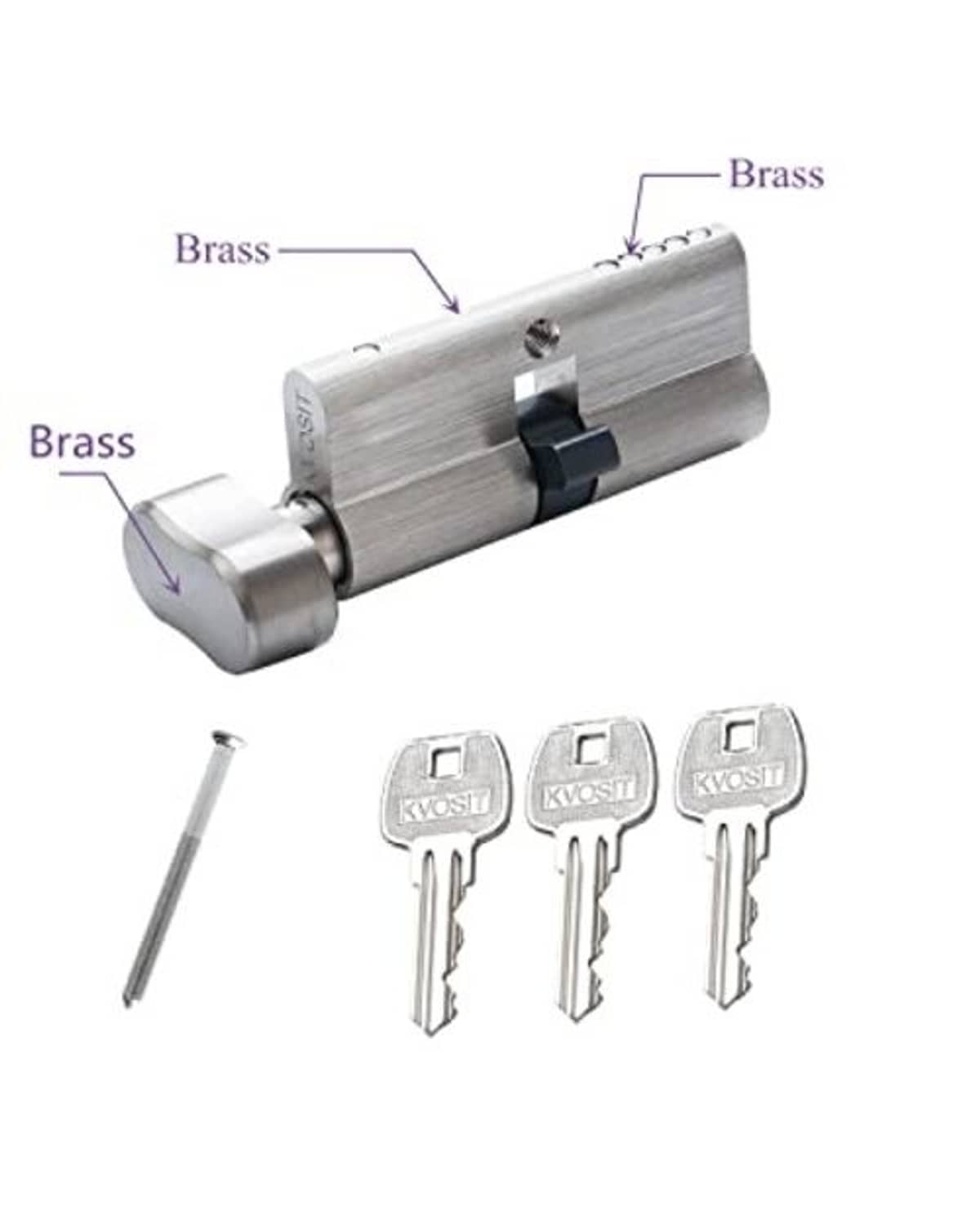 Brass lock cylinder with 3 keys; side view showing internal parts