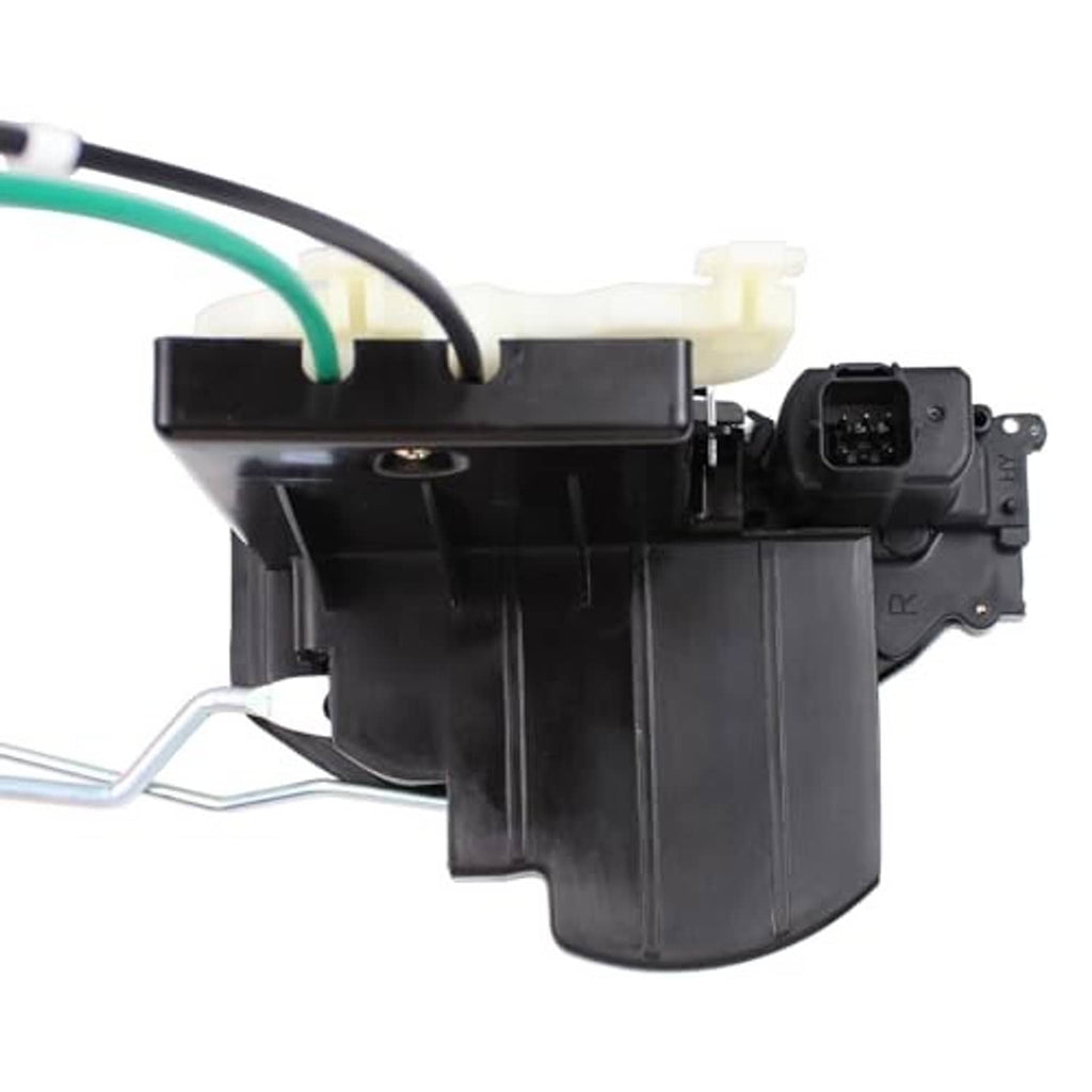 Door lock latch actuator with black cover, attached wiring, and connector module on side