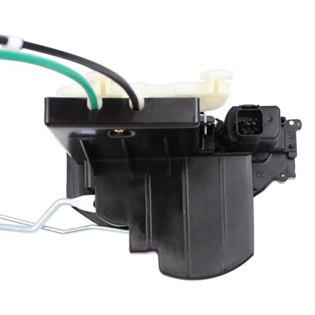 Door lock latch actuator with black cover, attached wiring, and connector module on side