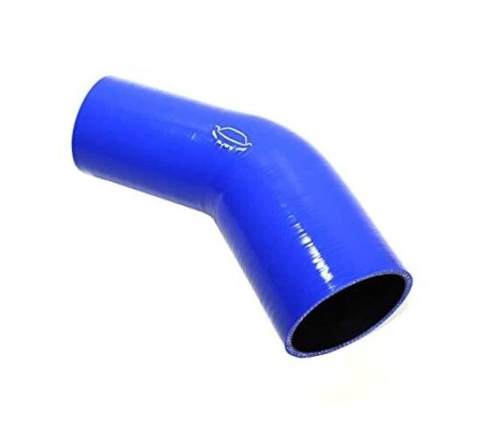 Blue 45-degree silicone elbow reducer coupler with black inner bore end opening