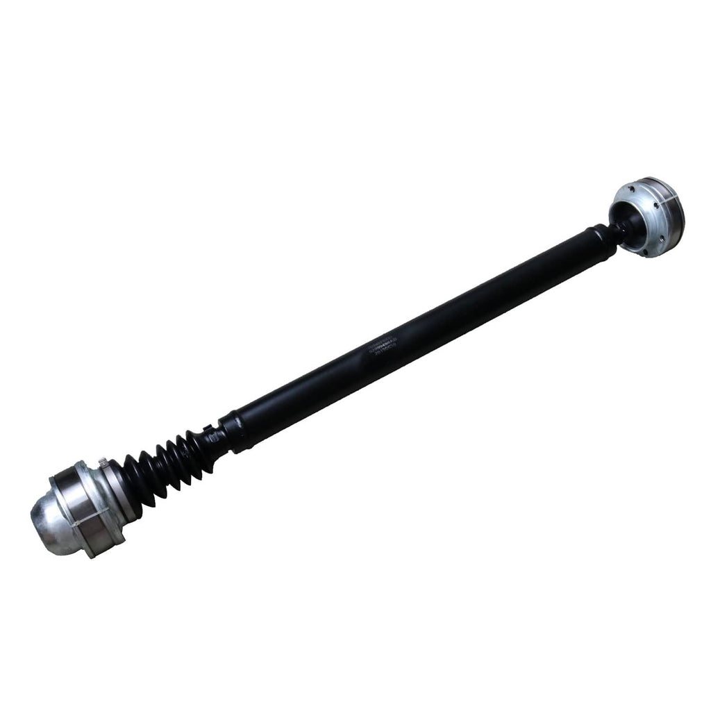Front drive shaft prop with black tube and ribbed boot, silver end yoke, wide view