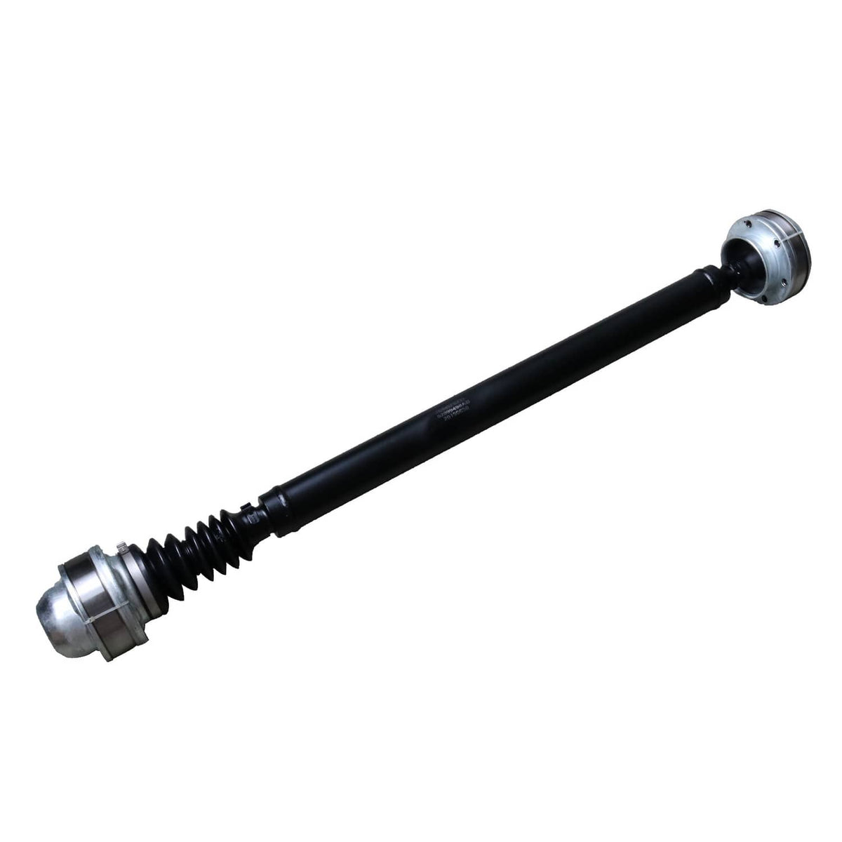 Front drive shaft prop with black tube and ribbed boot, silver end yoke, wide view