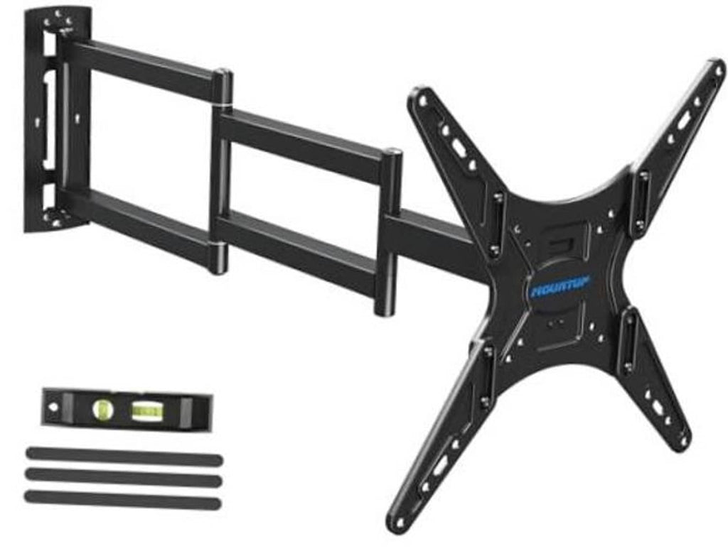 Black long-arm TV wall mount with support bar and VESA mounting bracket