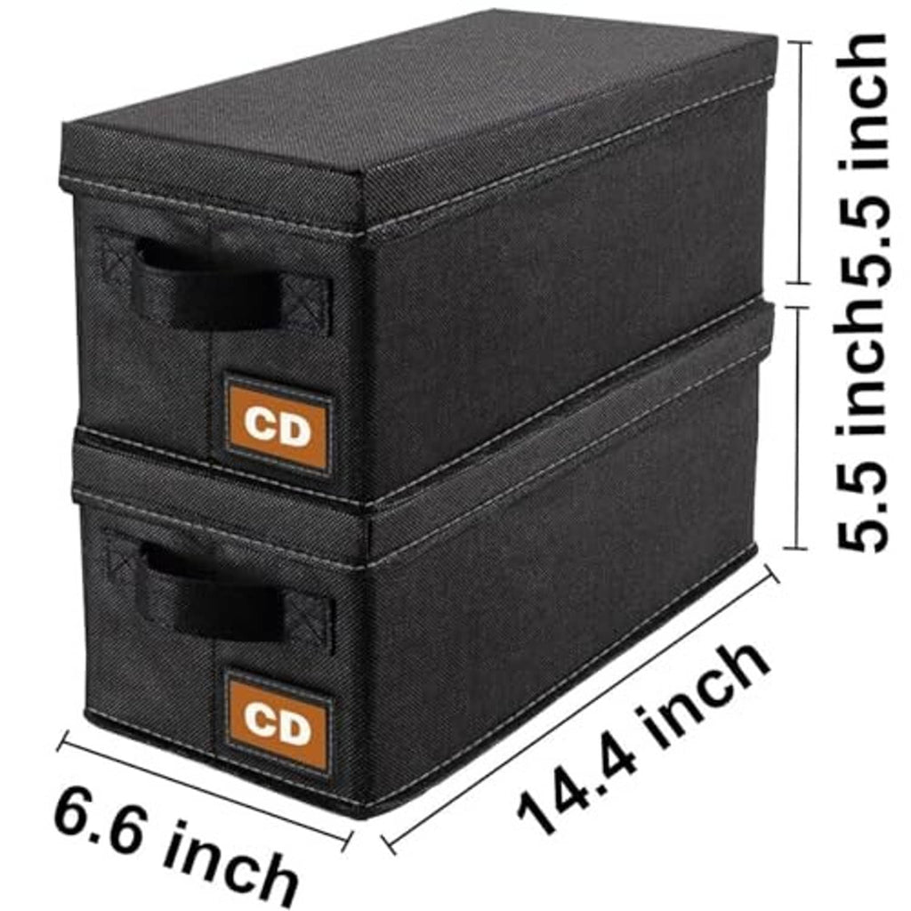 Black fabric CD storage case, stackable 2-drawer style, with front label patch