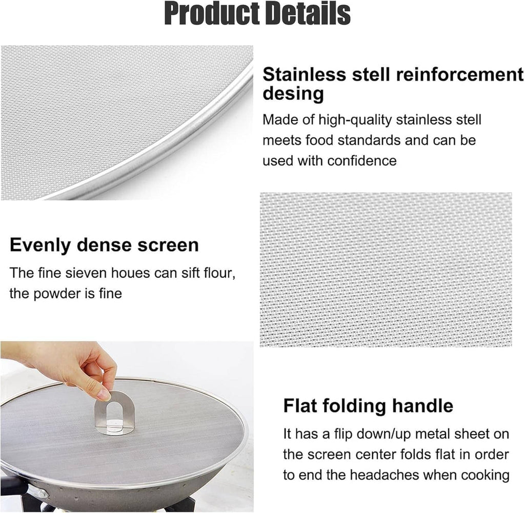Dense mesh stainless splatter screen with flat folding handle clip