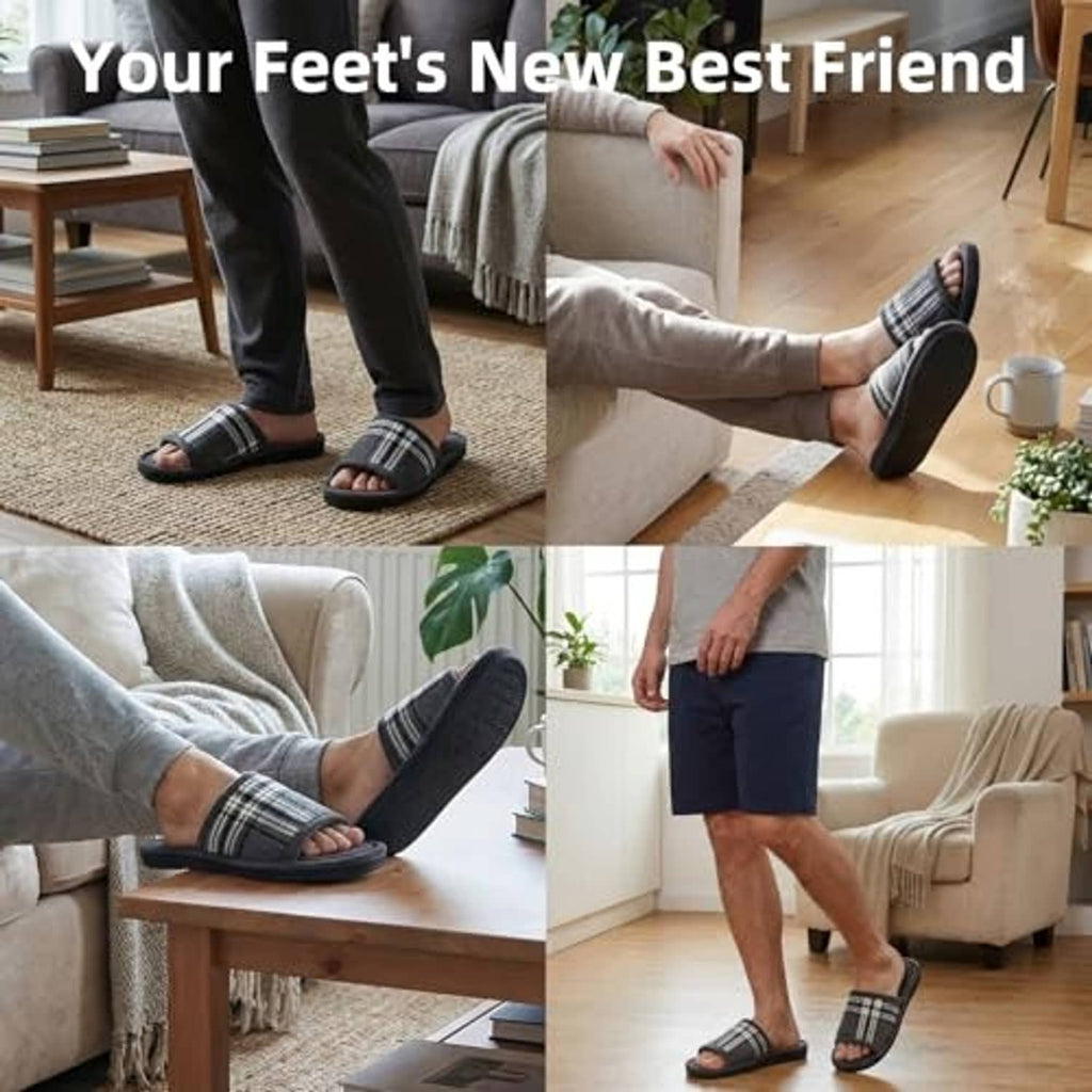 Men's grey plaid open-toe house slippers worn indoors on a bench and sofa
