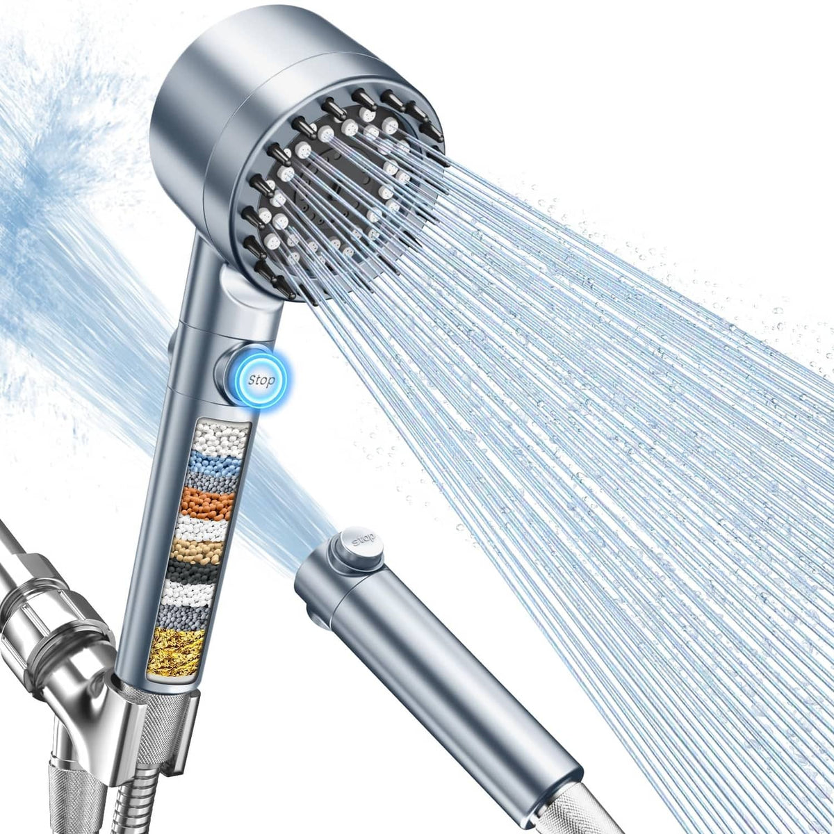 Filtered handheld shower head with blue pause button and fine spray face