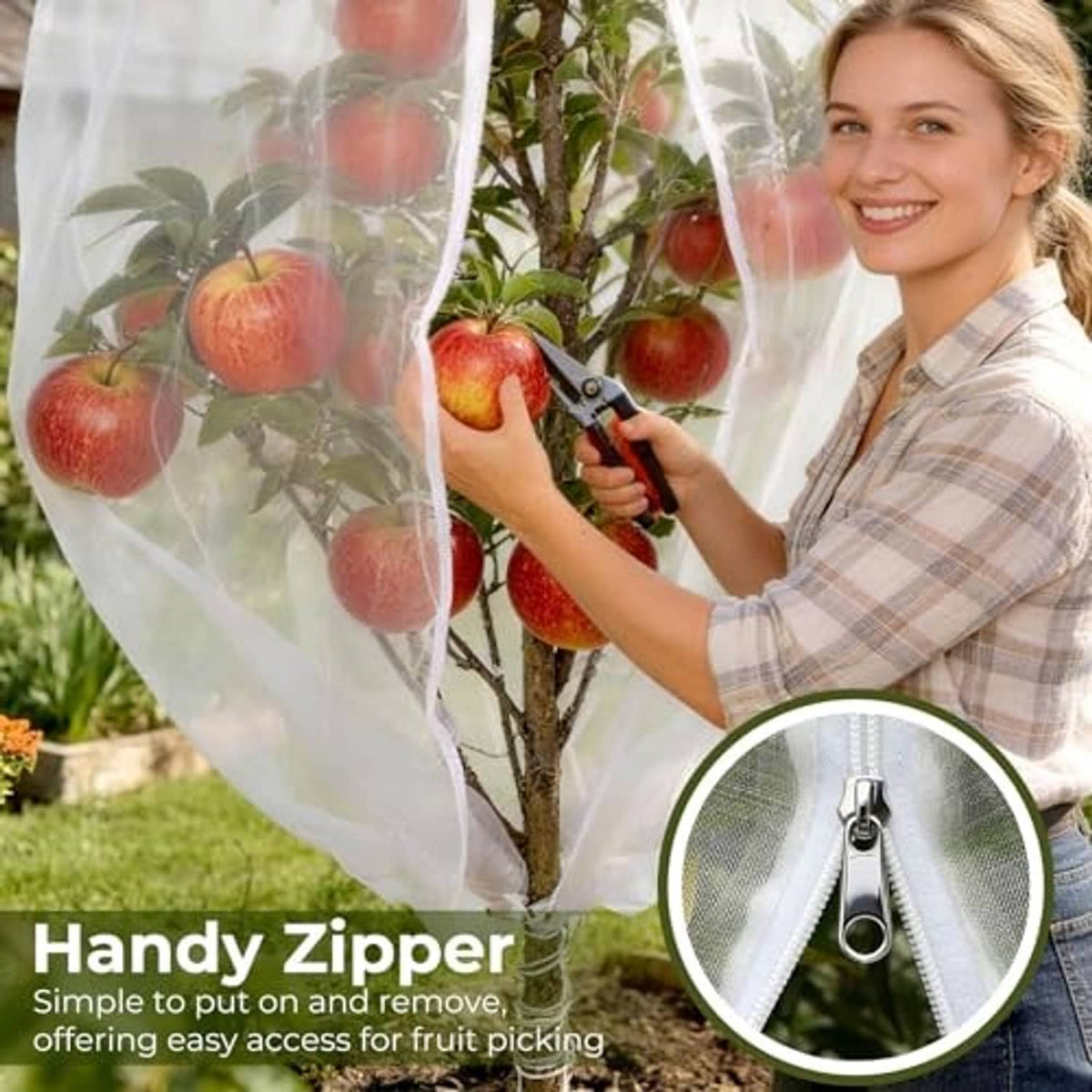 White fruit tree netting cover with zipper, shown being installed on a tree