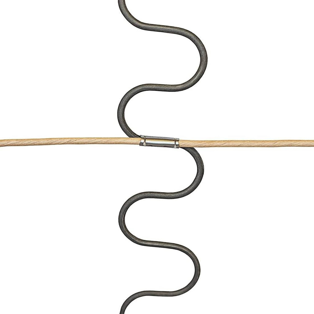 Two silver wire clips securing a black coil spring, curved hooked design