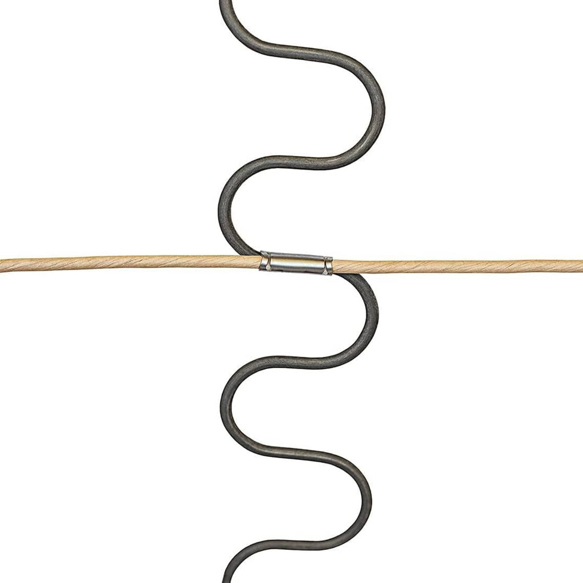 Two silver wire clips securing a black coil spring, curved hooked design