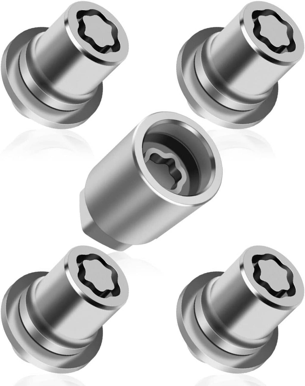 Chrome wheel lock lug nuts set with hex socket and star key pattern, multiple pieces