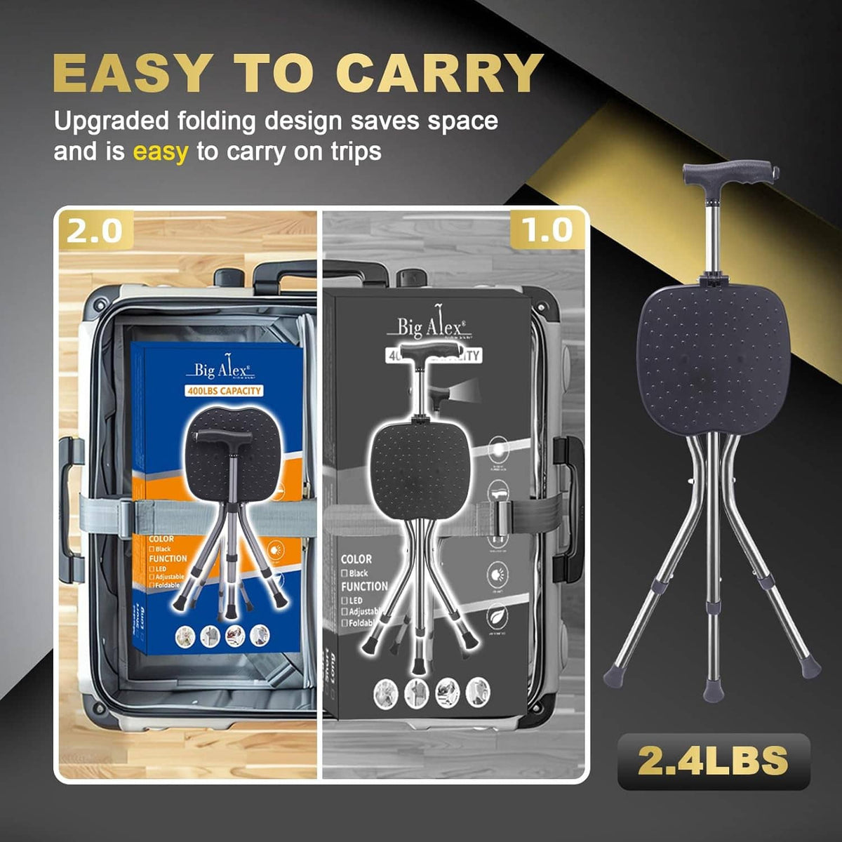Folding walking cane with seat, compact fold design and black cushioned round seat